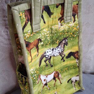 HANDMADE  HORSE PRINT WINE TOTE BAG WITH SIDE POCKETS